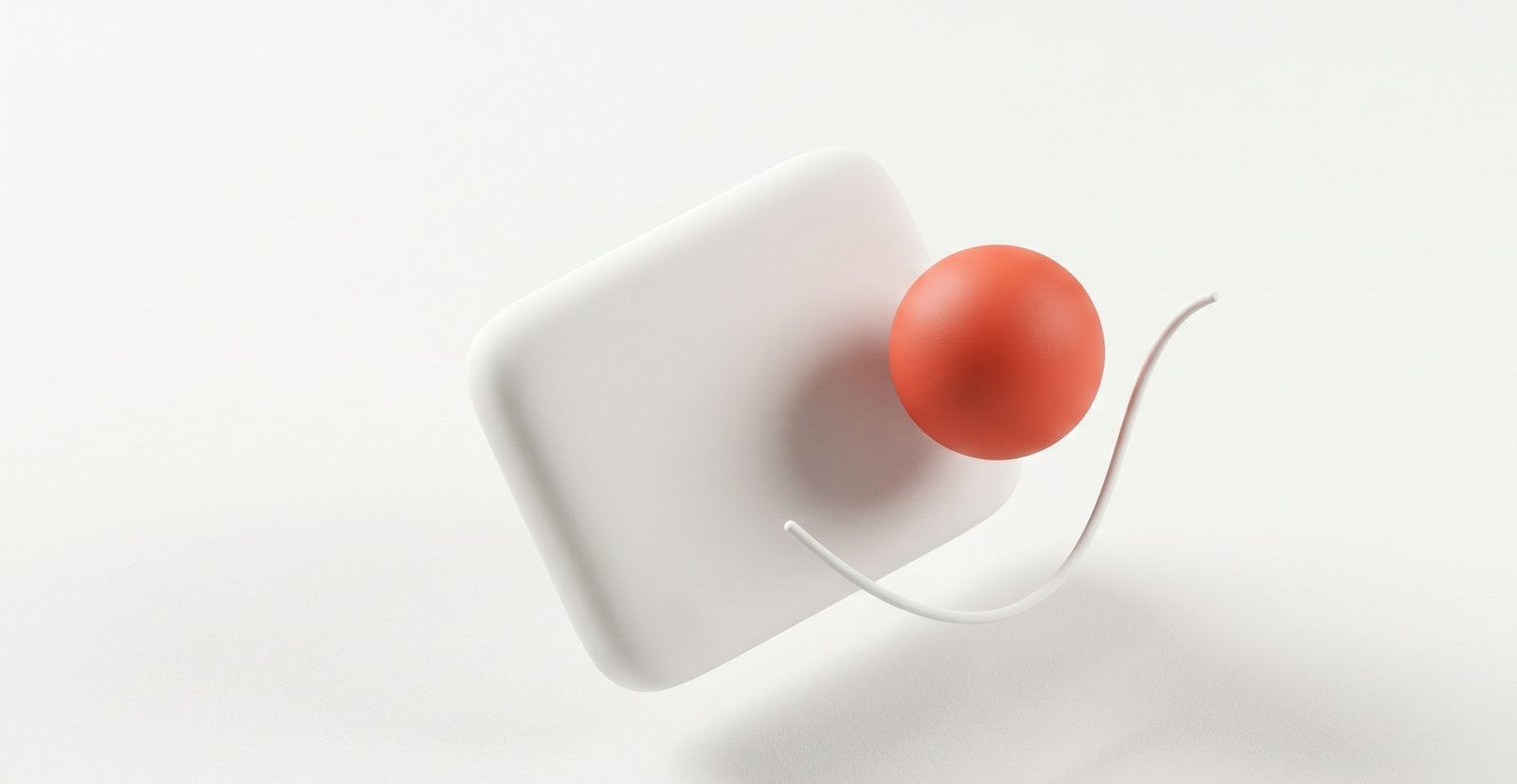 Composición 3D con cubo blanco, esfera coral y línea curva